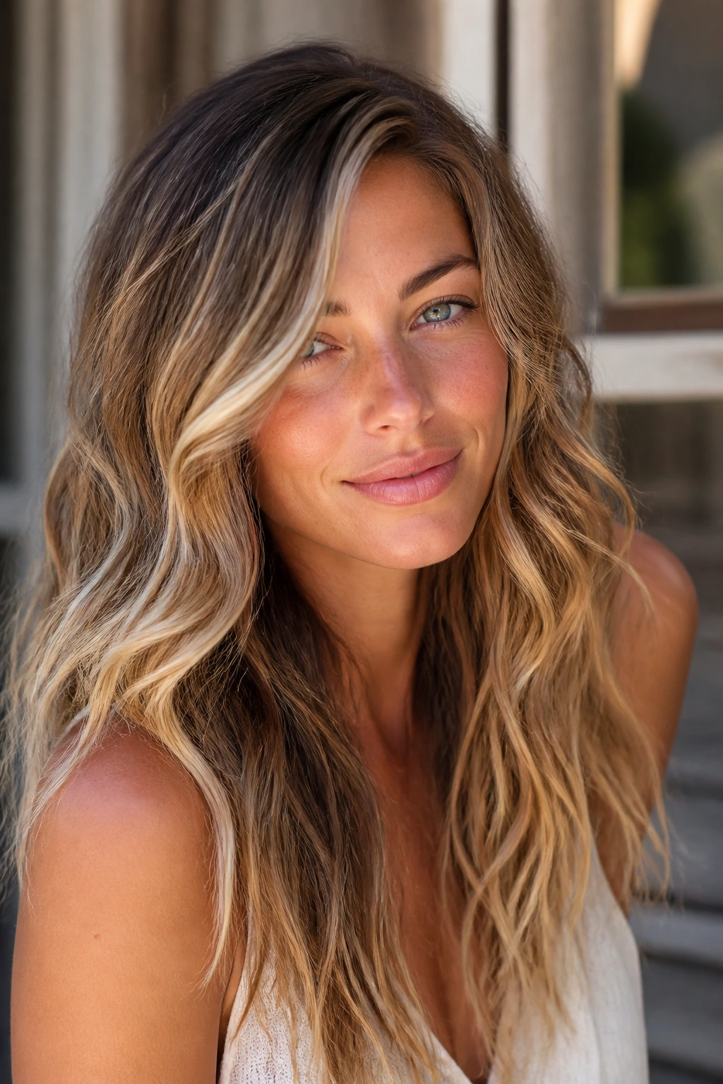 Portrait of a woman with beach-wave cascade hairstyle.