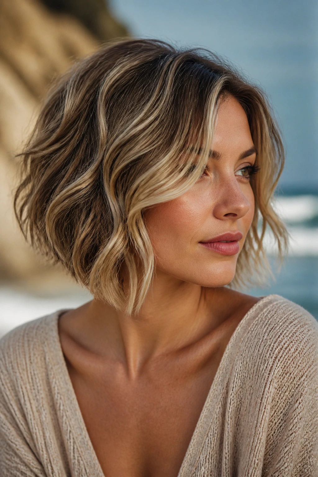 Close-up of a real woman with a beach-wave collarbone-length inverted bob and dimensional lowlights