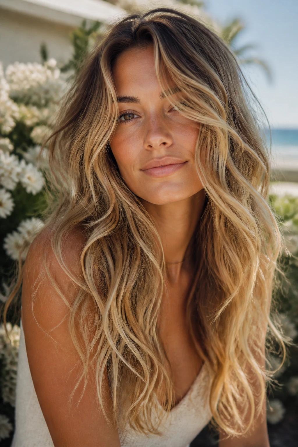 Close-up of a real woman with beach-wave layered hair and ruffled ends outdoors.
