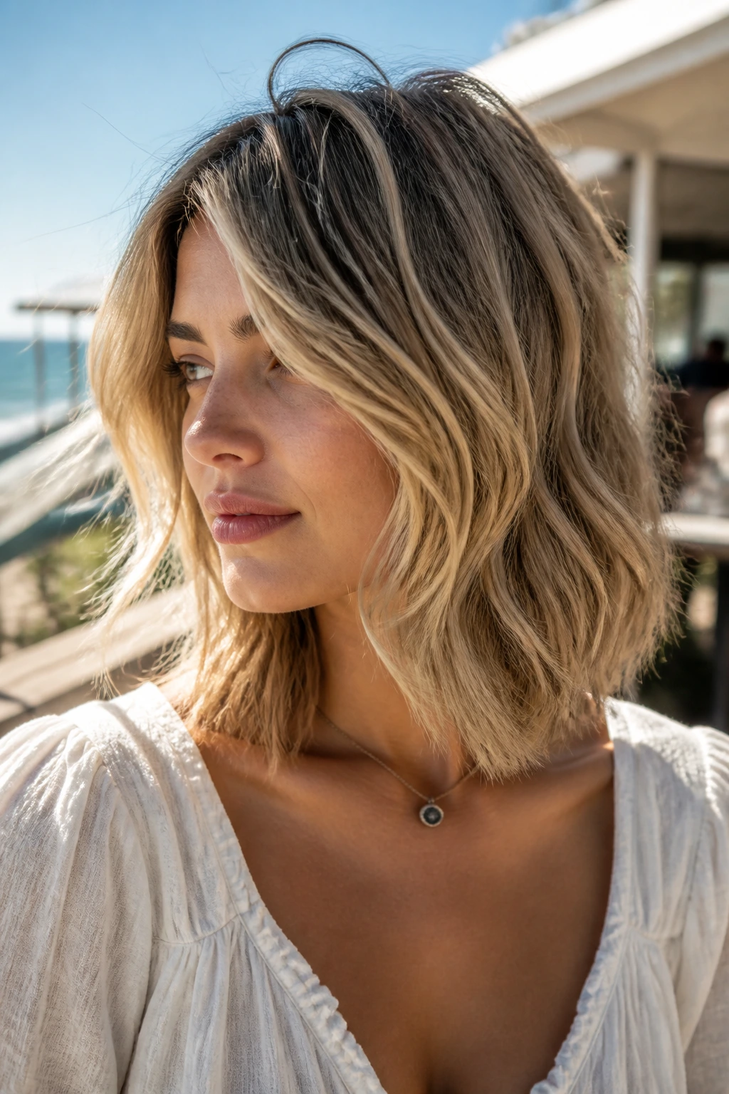 Close-up portrait of a real woman with a beach-wave lob and loose movement at the beach