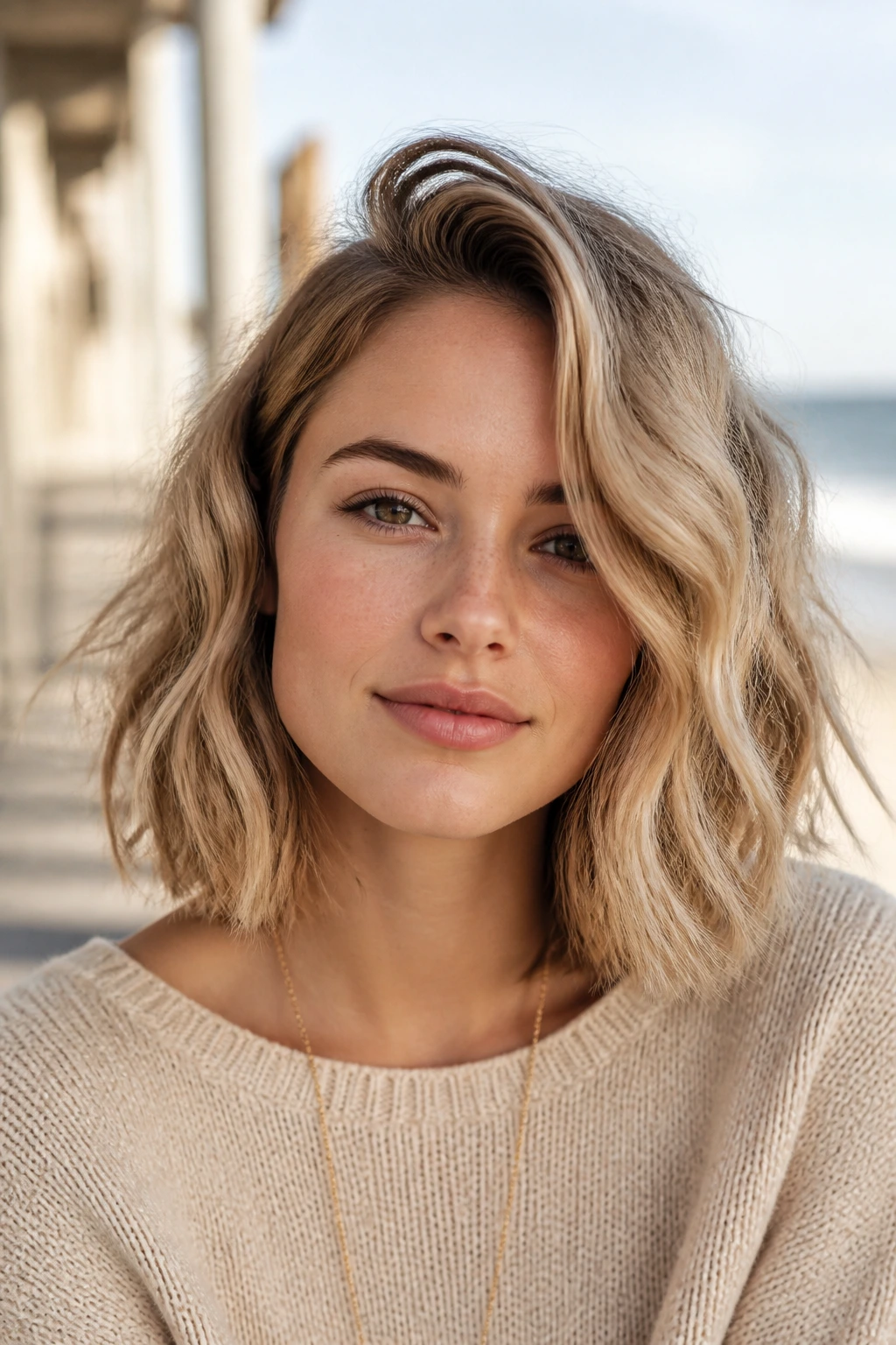 Close-up of a real woman with beach-wave shoulder bob at a seaside setting