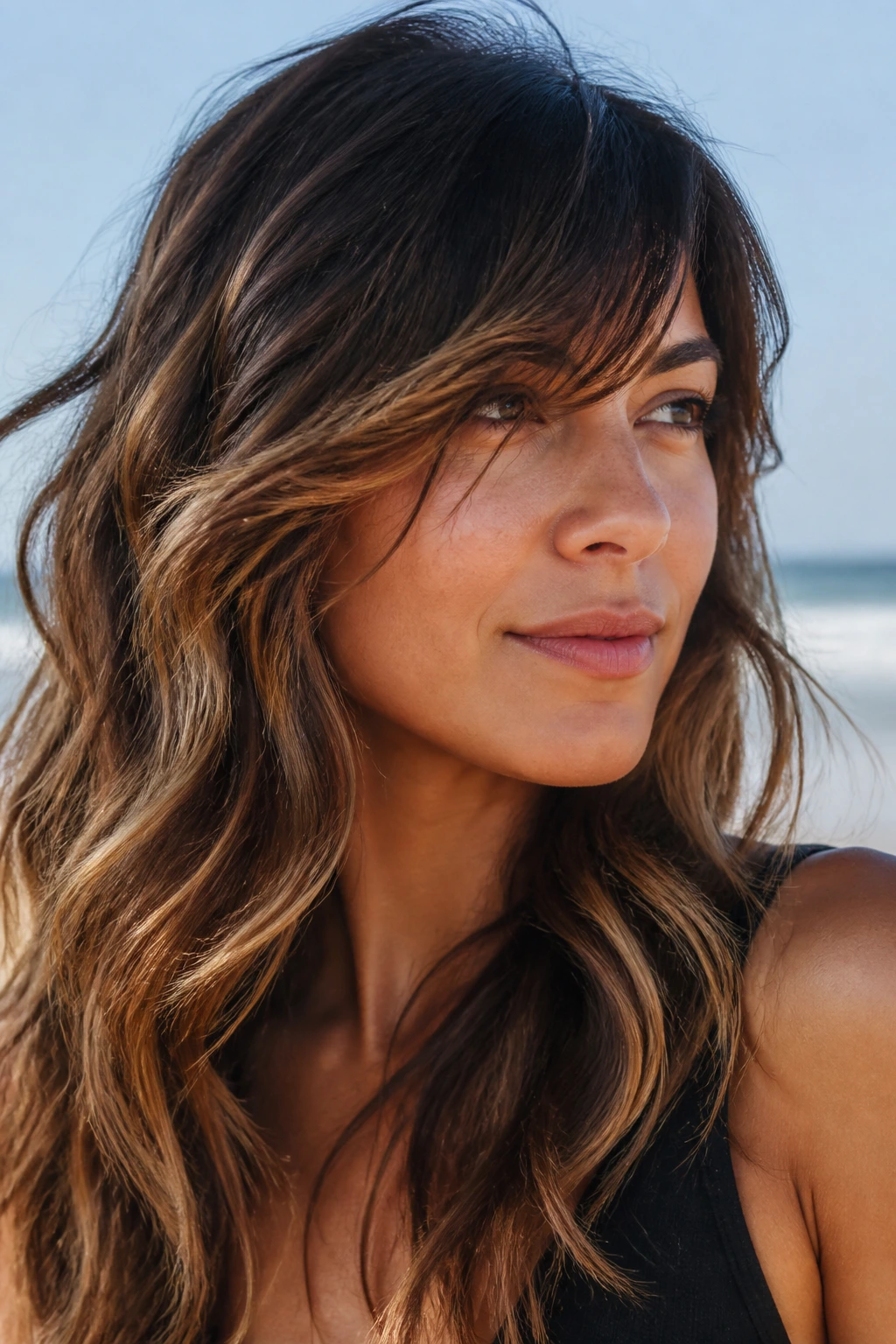Real woman with beach-wave side bangs outdoors in sunlight