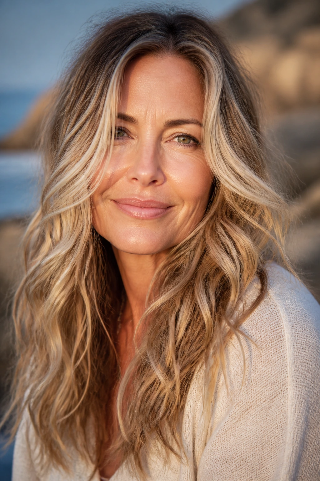 Real woman with beachy waves and balayage ribbons in golden-hour light