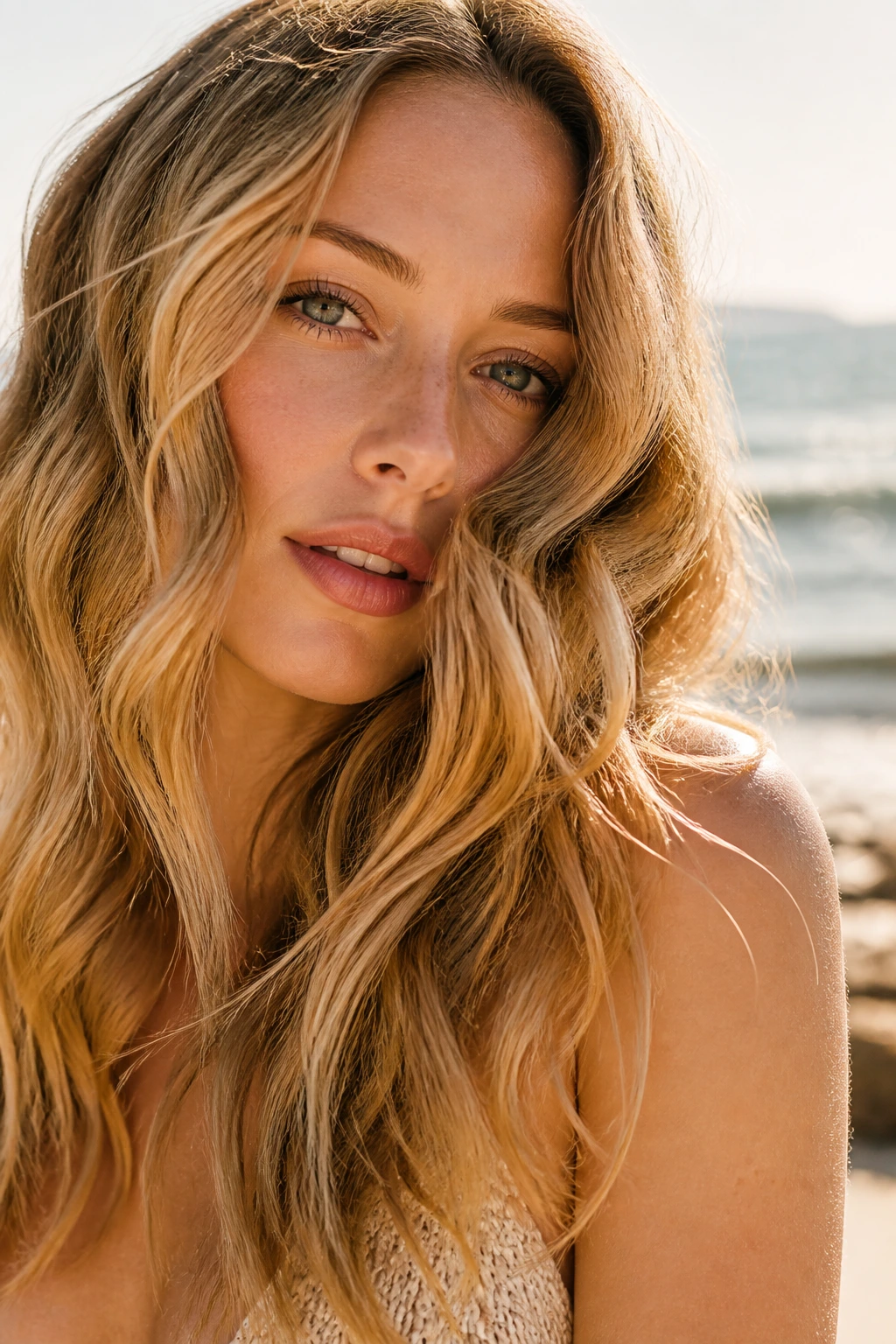 Real woman with honeyed beach waves at golden hour seaside.