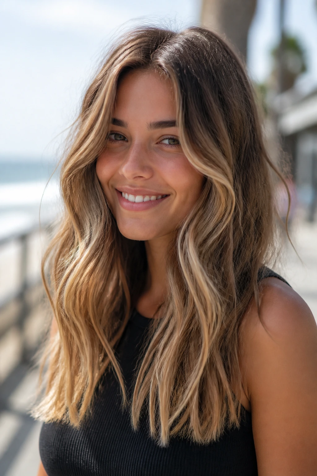Close-up of a real woman with beachy waves and blunt ends outdoors