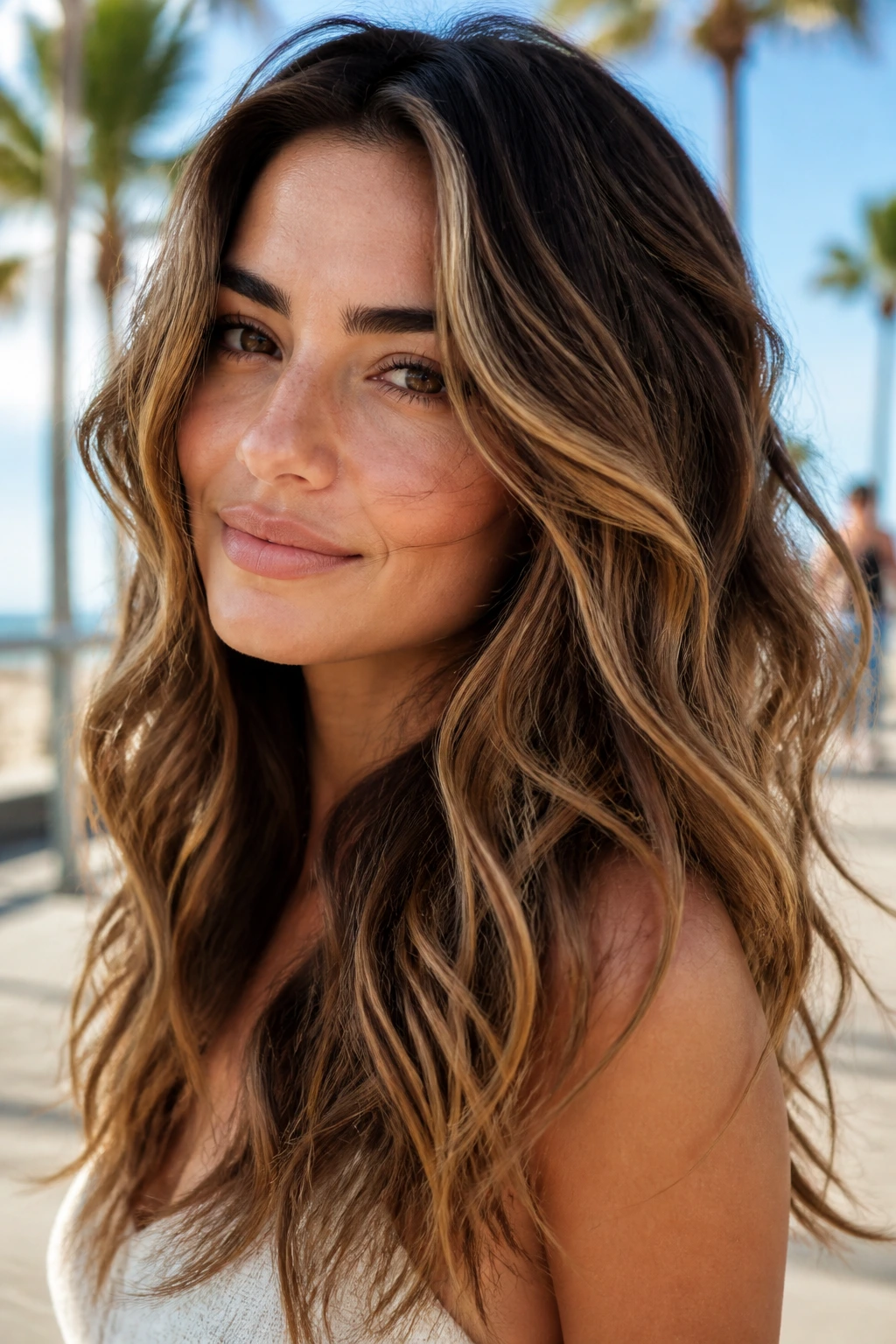 Close-up of a woman with beachy waves and ribboned caramel highlights outdoors