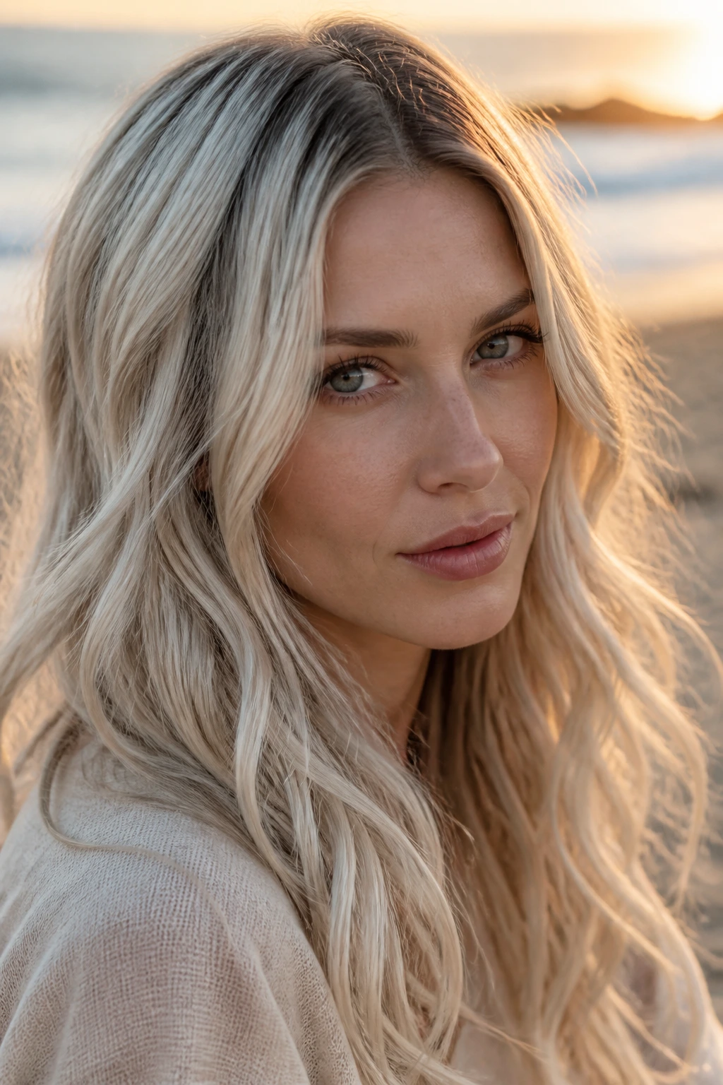Close-up of a woman with icy champagne beach waves at sunset on the beach.