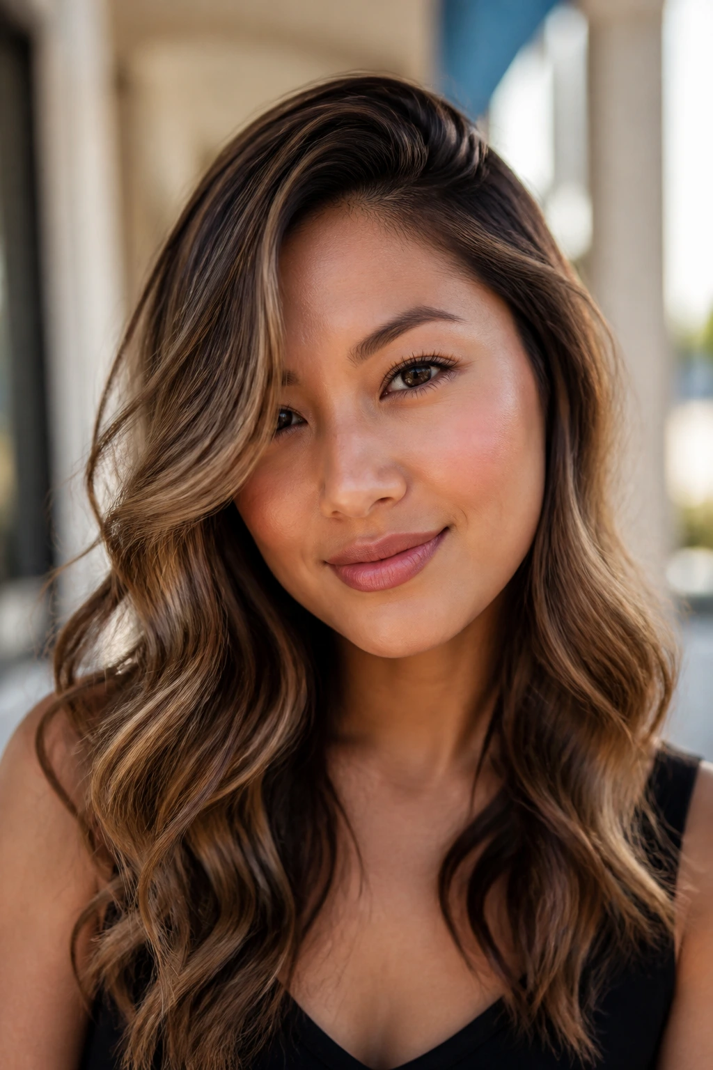 Portrait of a real woman with a deep side part and beachy waves.