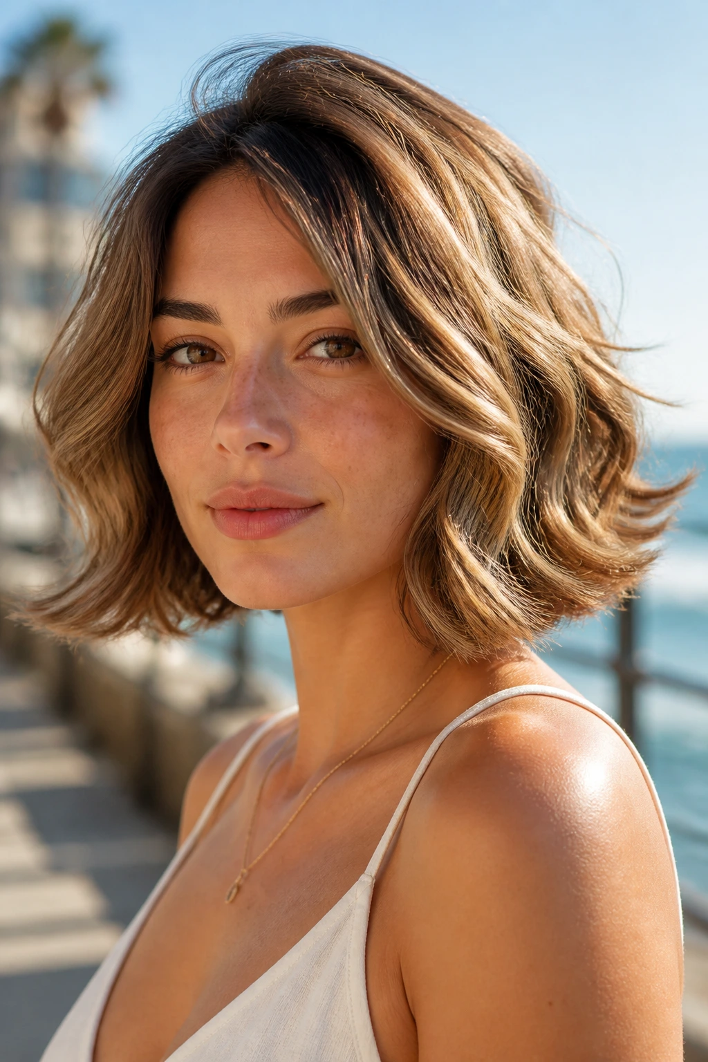 Close-up of a real woman with beachy waves and flipped ends