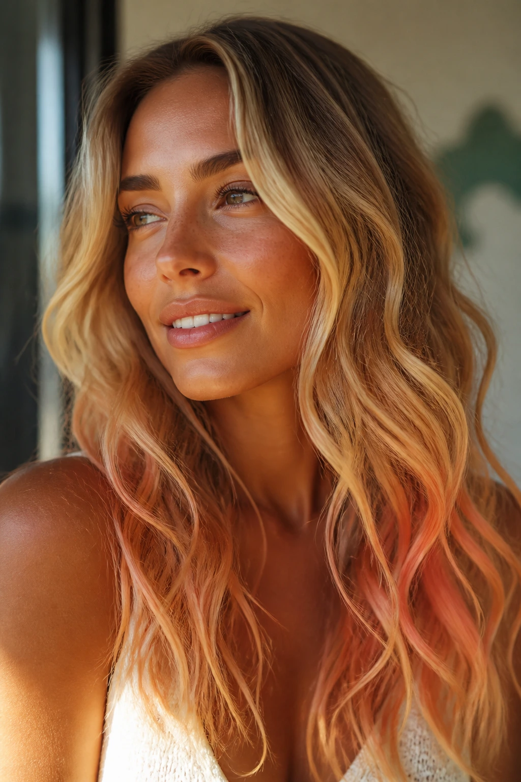 Beachy loose waves with gold-peach ends on sun-kissed hair.
