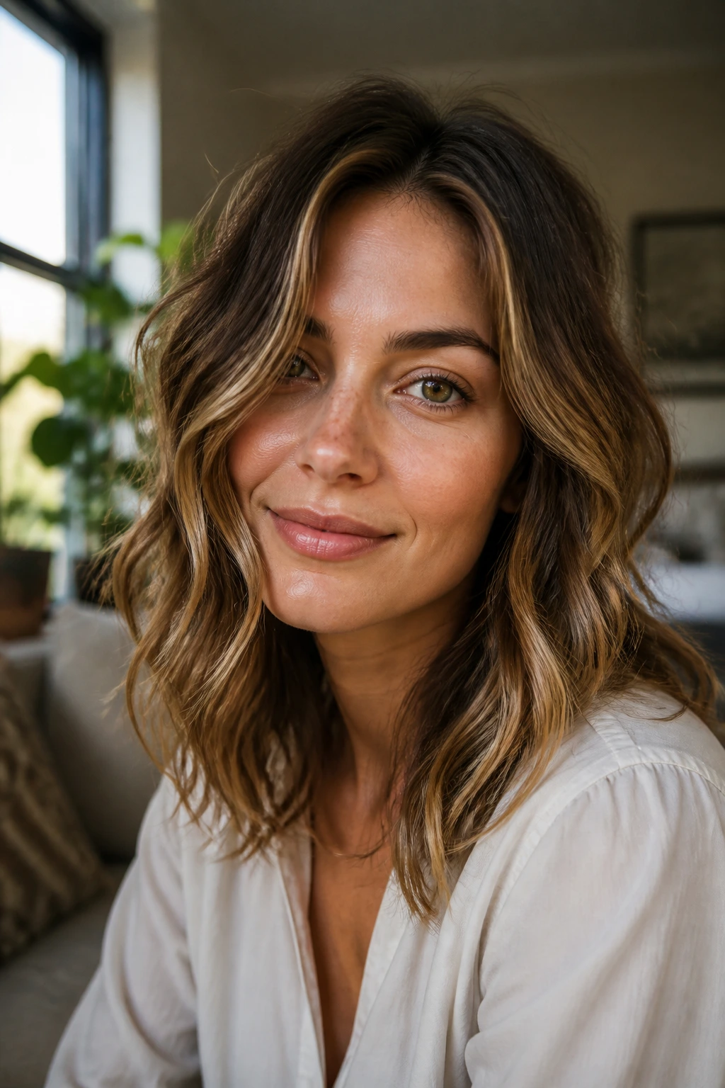 Close-up of a woman with beachy waves and a heart-shaped face