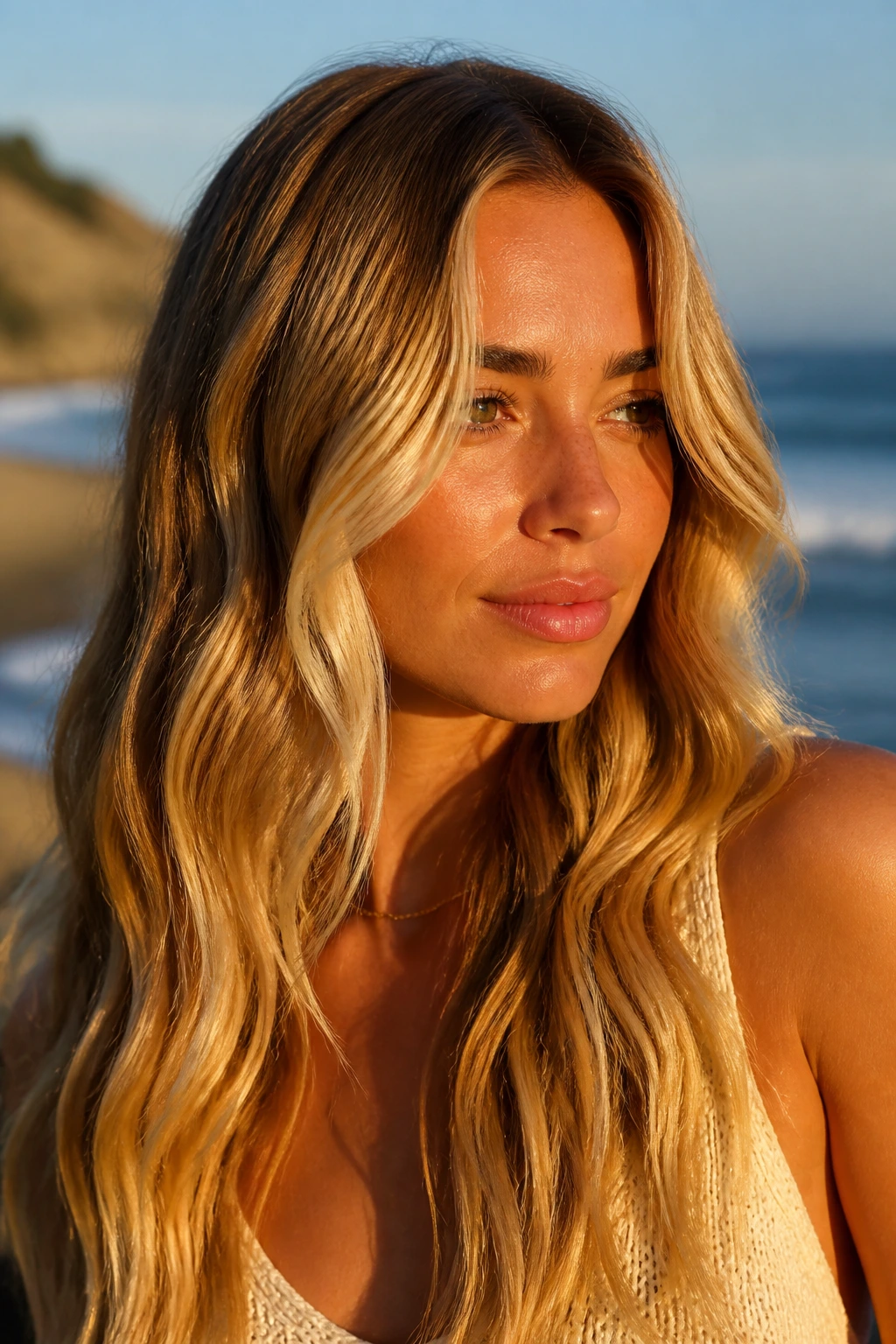 Portrait of a woman with bright honey blonde beach waves and a money piece framing the face in golden hour light.