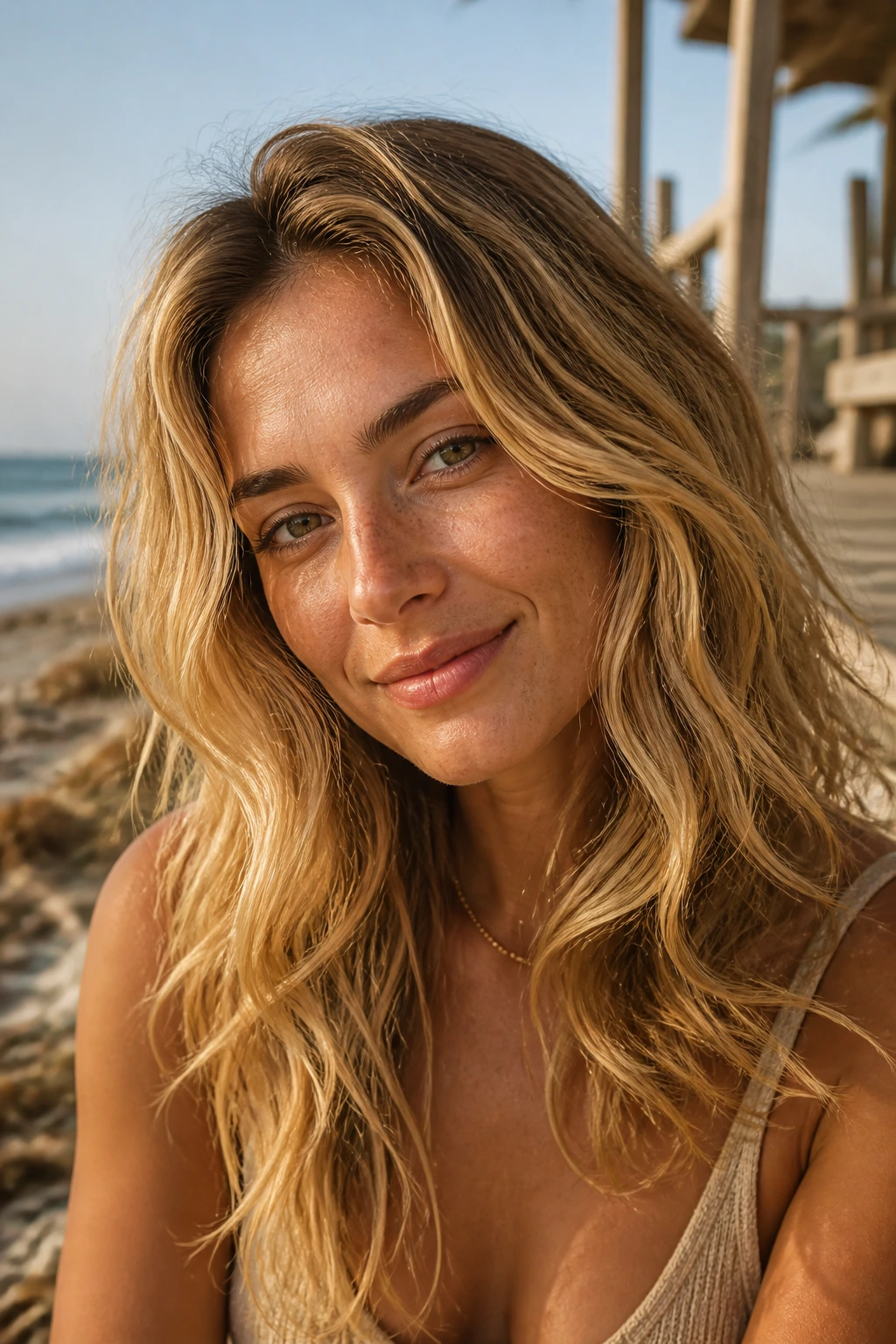 Close-up of a woman with honey-blonde beachy waves in sunlit setting.