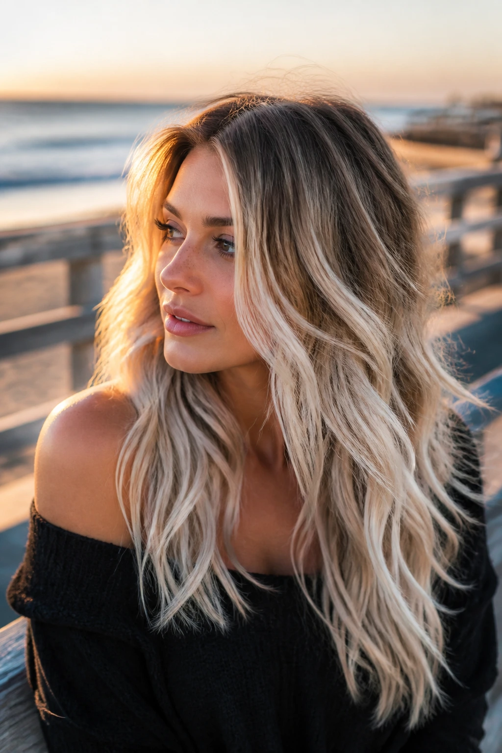 Close-up portrait of a person with polished beach waves and platinum ends on cool blonde.
