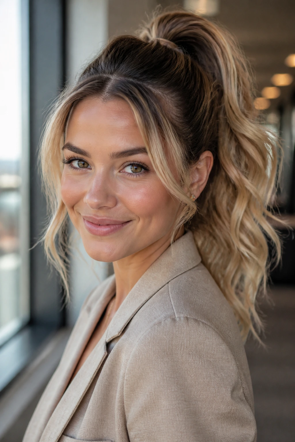 Real woman with high ponytail and beachy waves in a modern office setting.