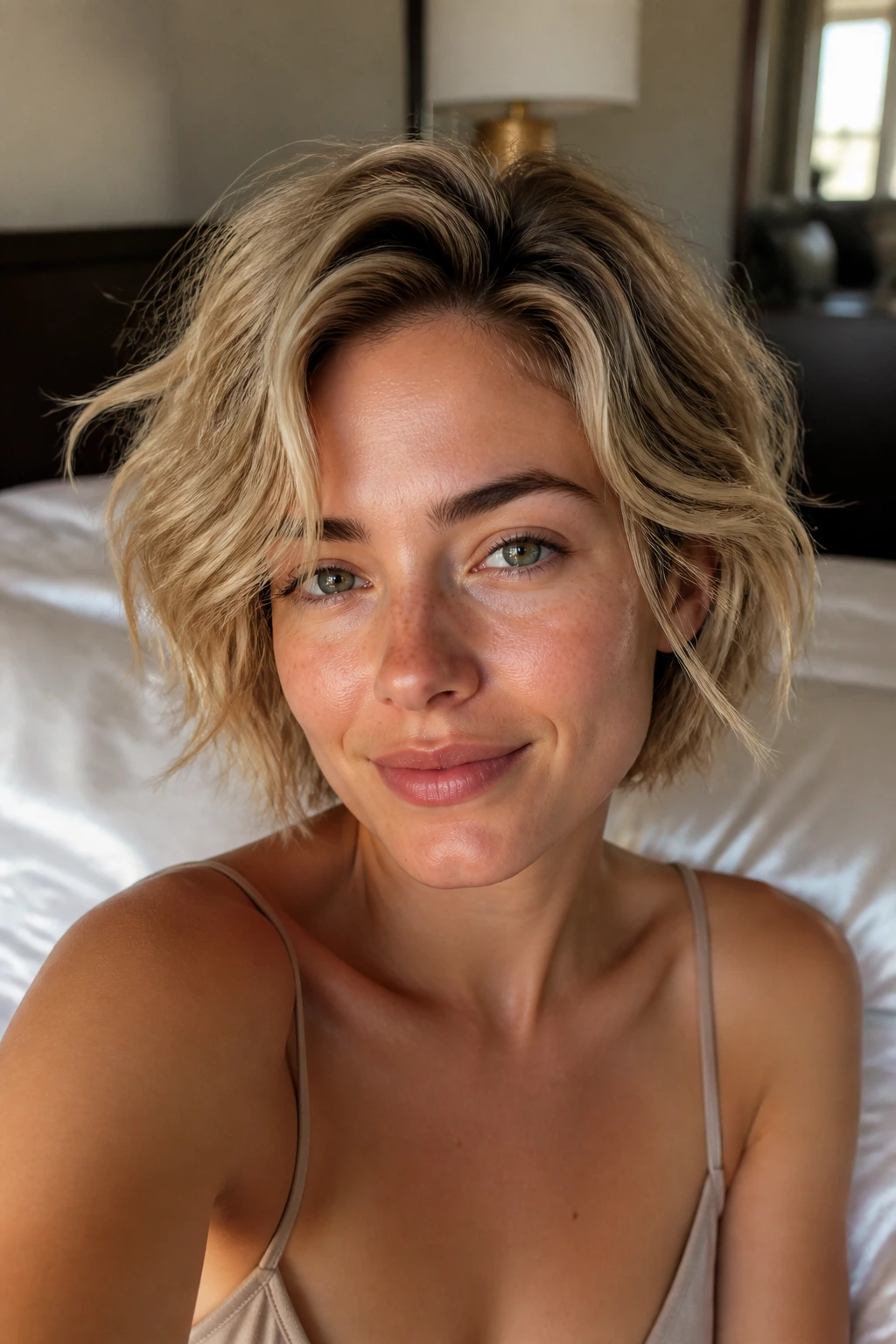 Close-up portrait of a real person with beachy waves after sleeping, pillow nearby
