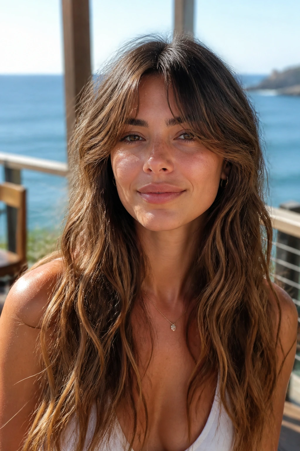 Close-up of a woman with beach waves and split fringe in natural outdoor light
