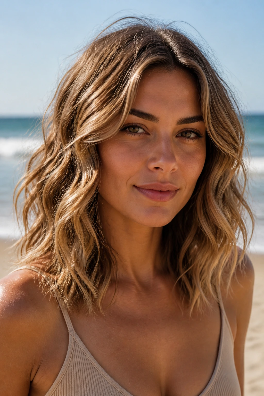 Close-up portrait of a real woman with tapered-end beach waves.