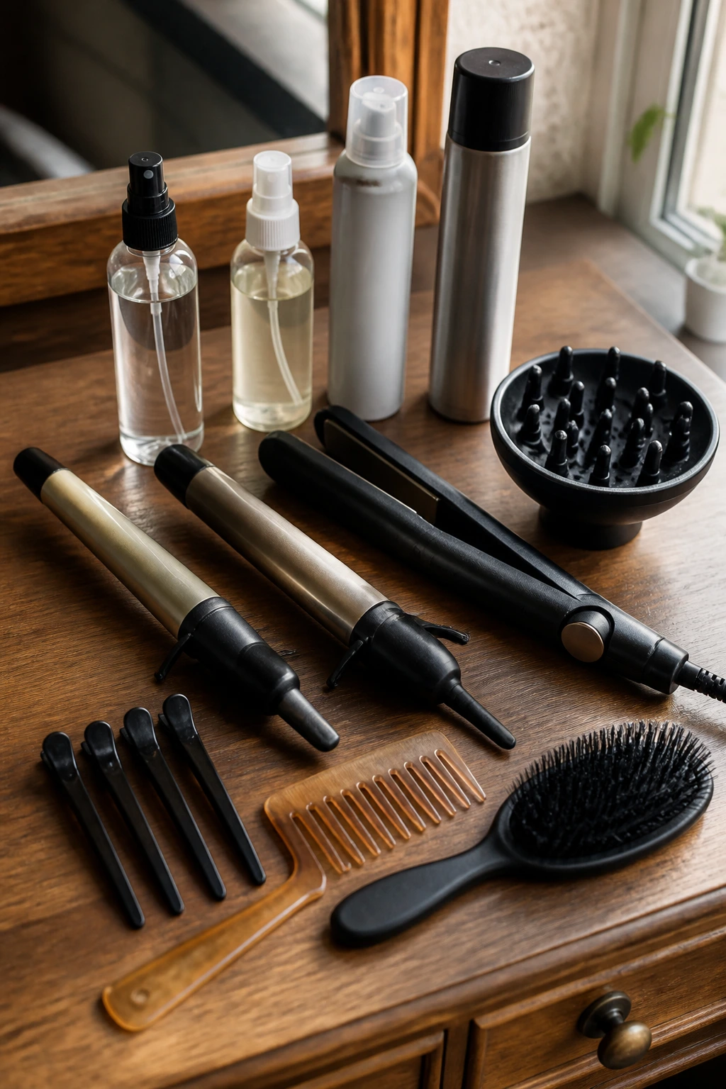 Close-up of essential hair tools for medium-hair beach waves on a vanity