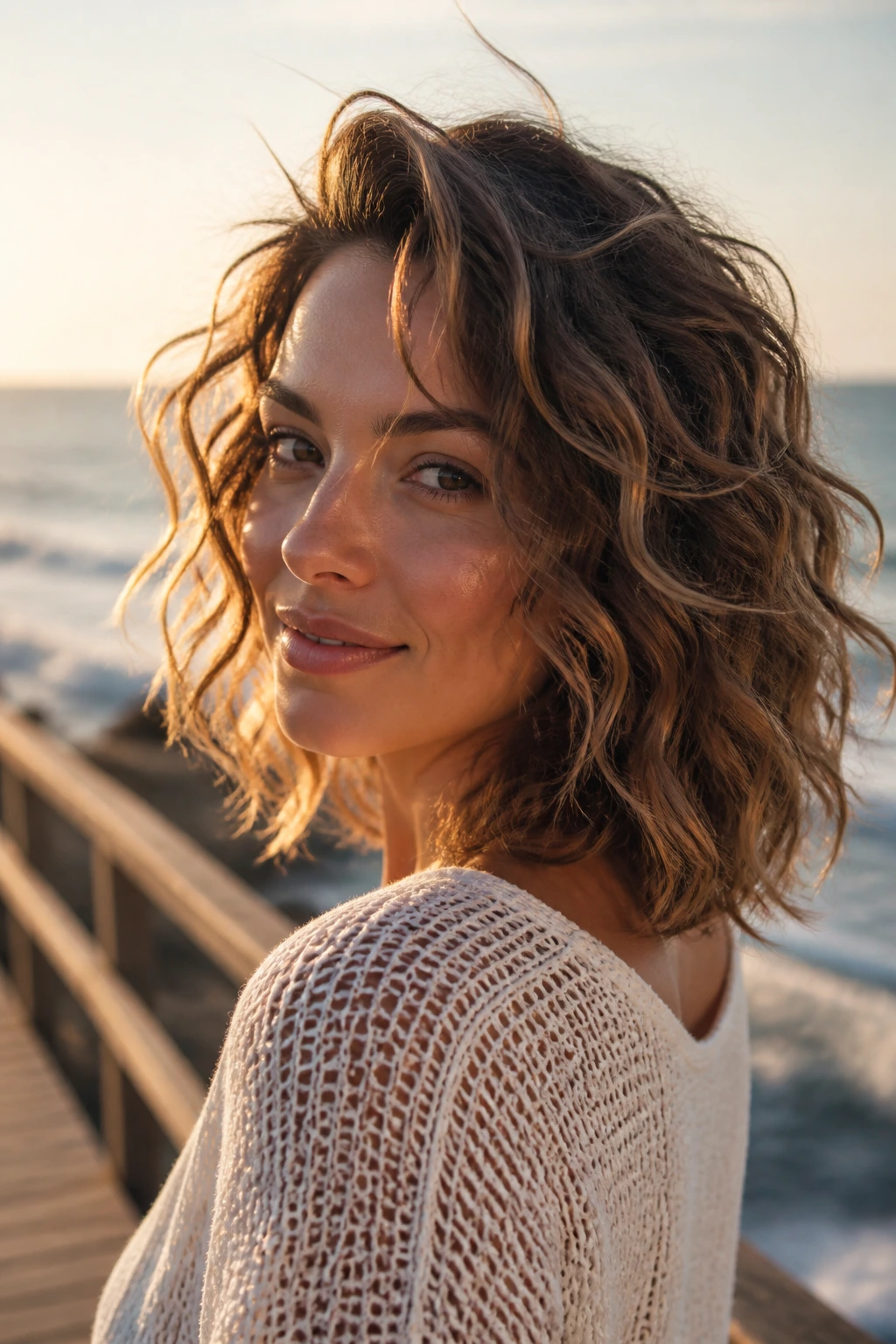 Real woman with beachy wind-caught angled hair outdoors at golden hour