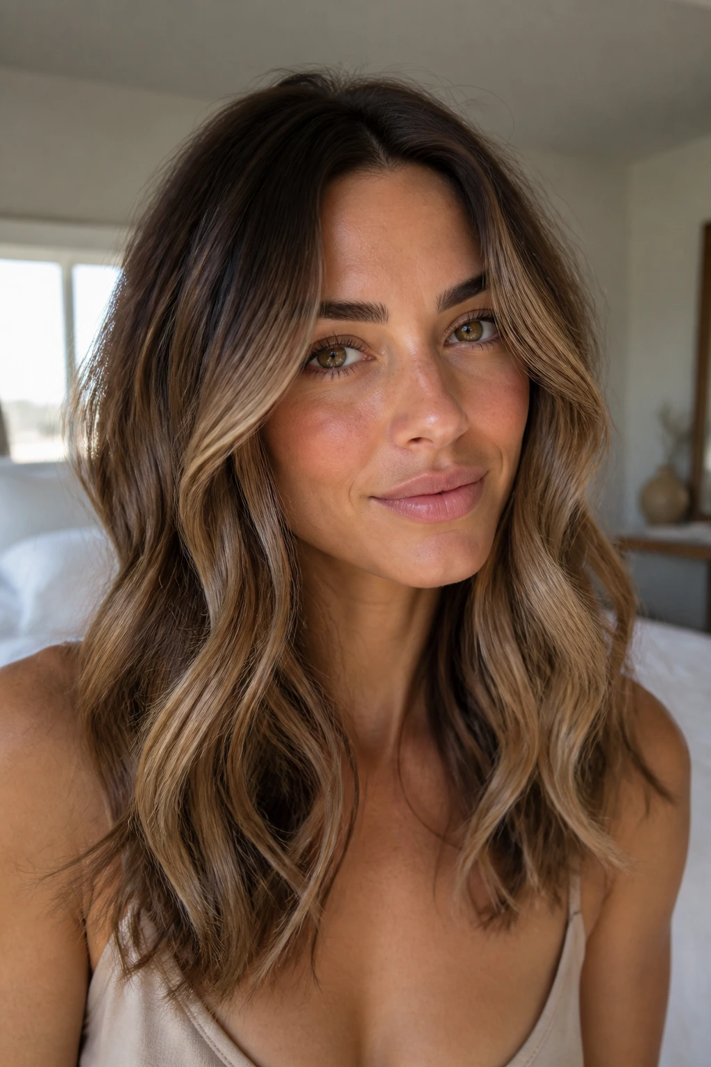 Close-up of a real woman with beachy bend layers in natural window light