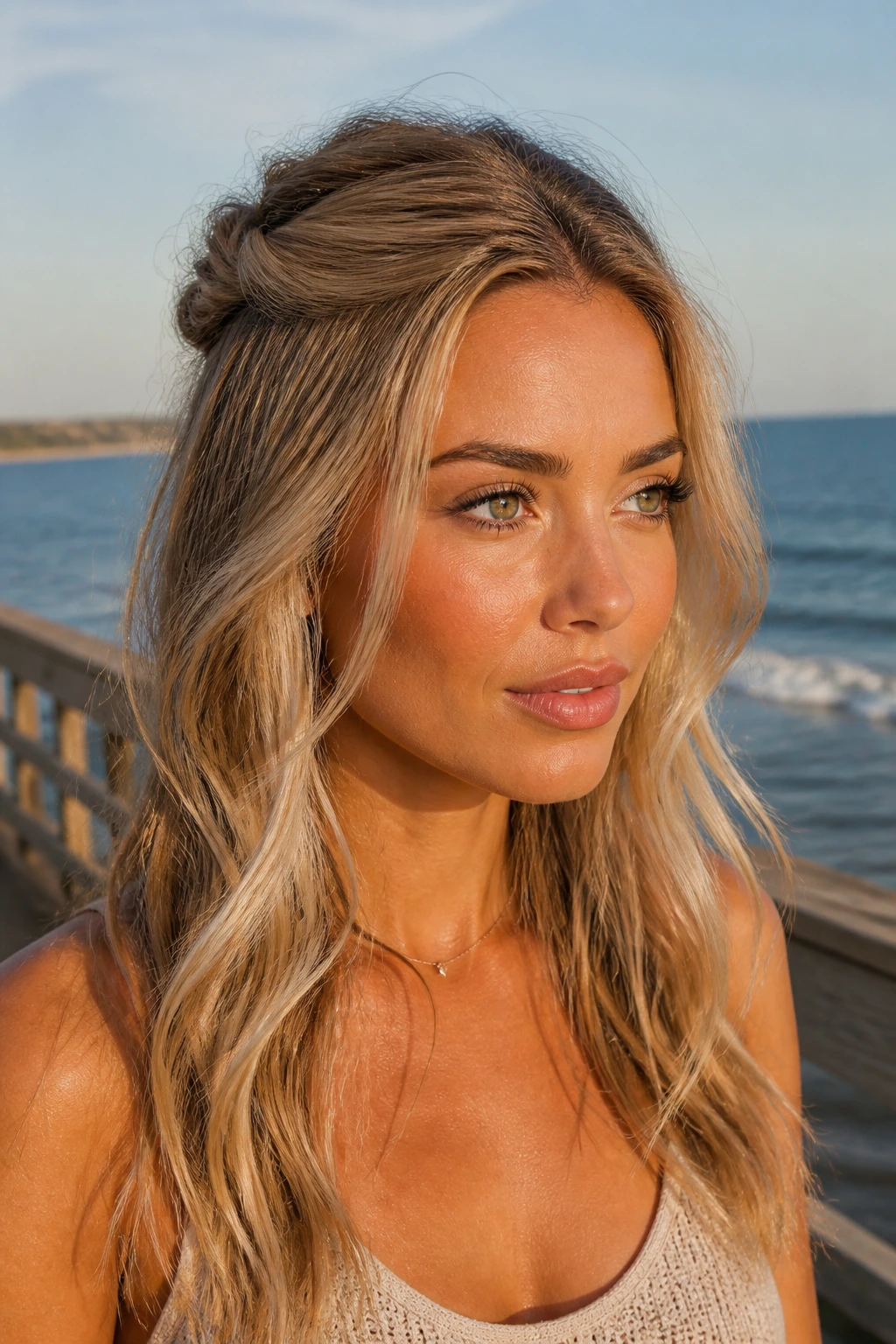 Real woman with half-up twist hairstyle in beachy neutral blonde shade.