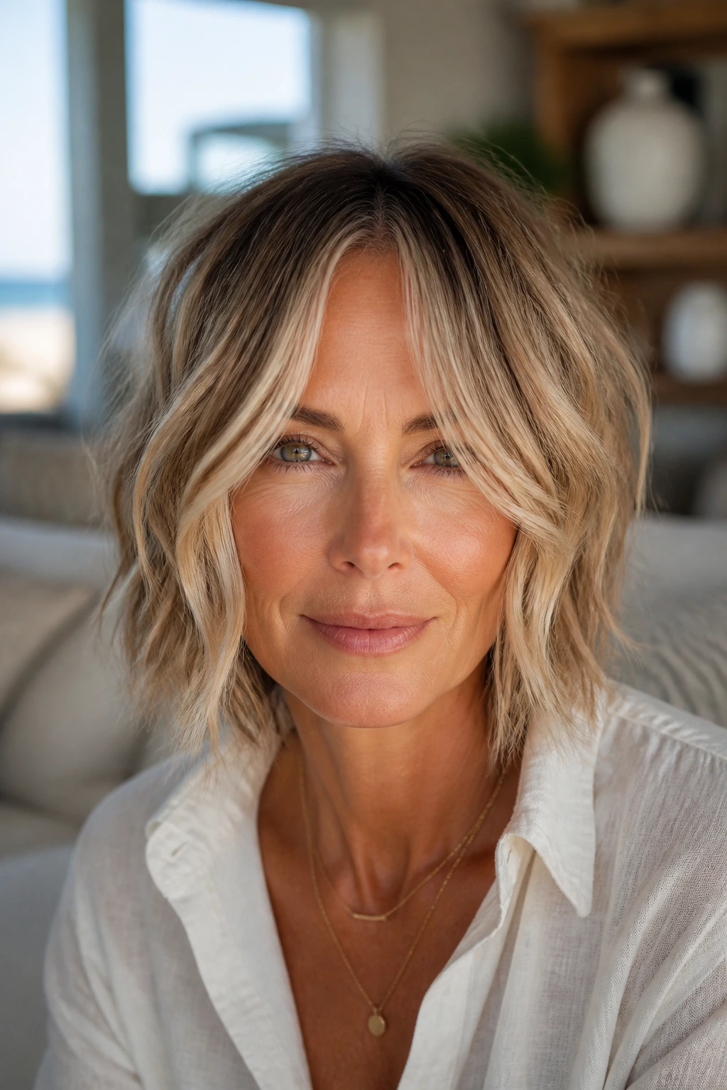 Close-up of a real woman with a beachy wavy bob and long curtain fringe in a sunlit living room.