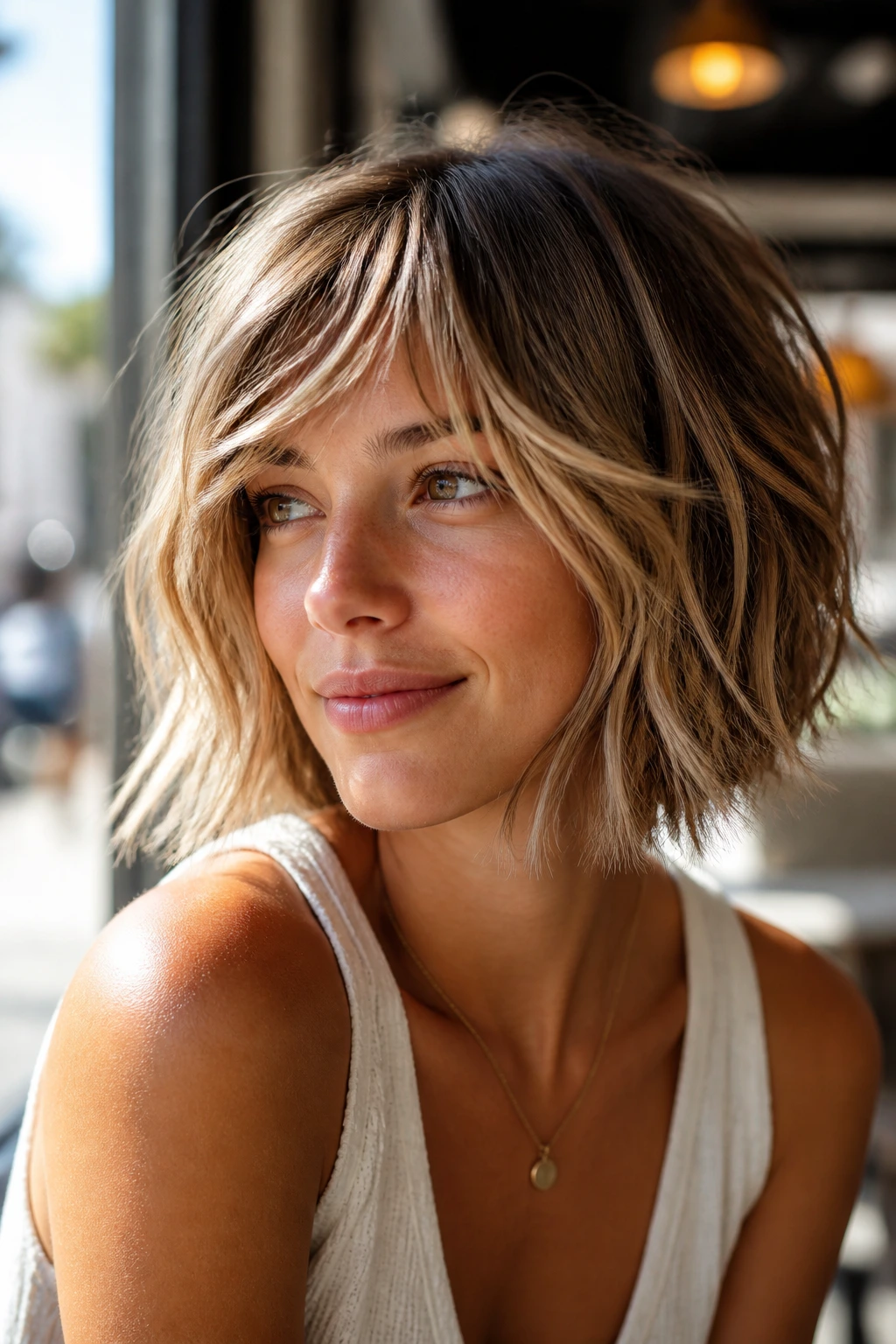 Portrait of a real person with a beachy textured bob and piecey fringe in sunlit light