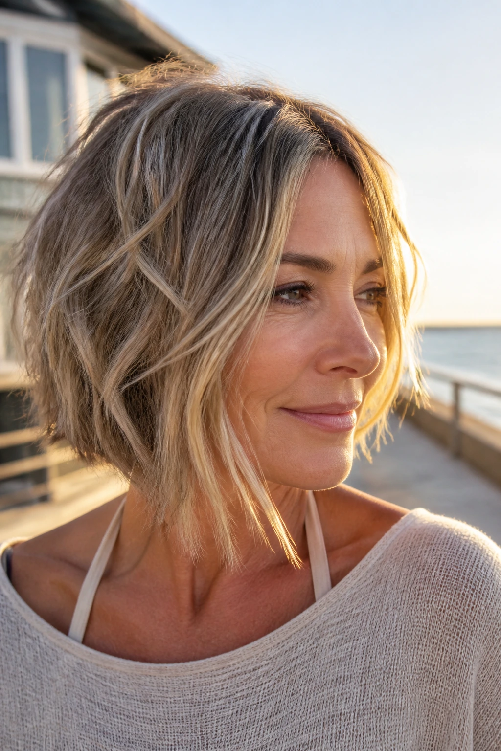 Real woman with beachy angled bob, razored ends, texture and wind-tossed styling
