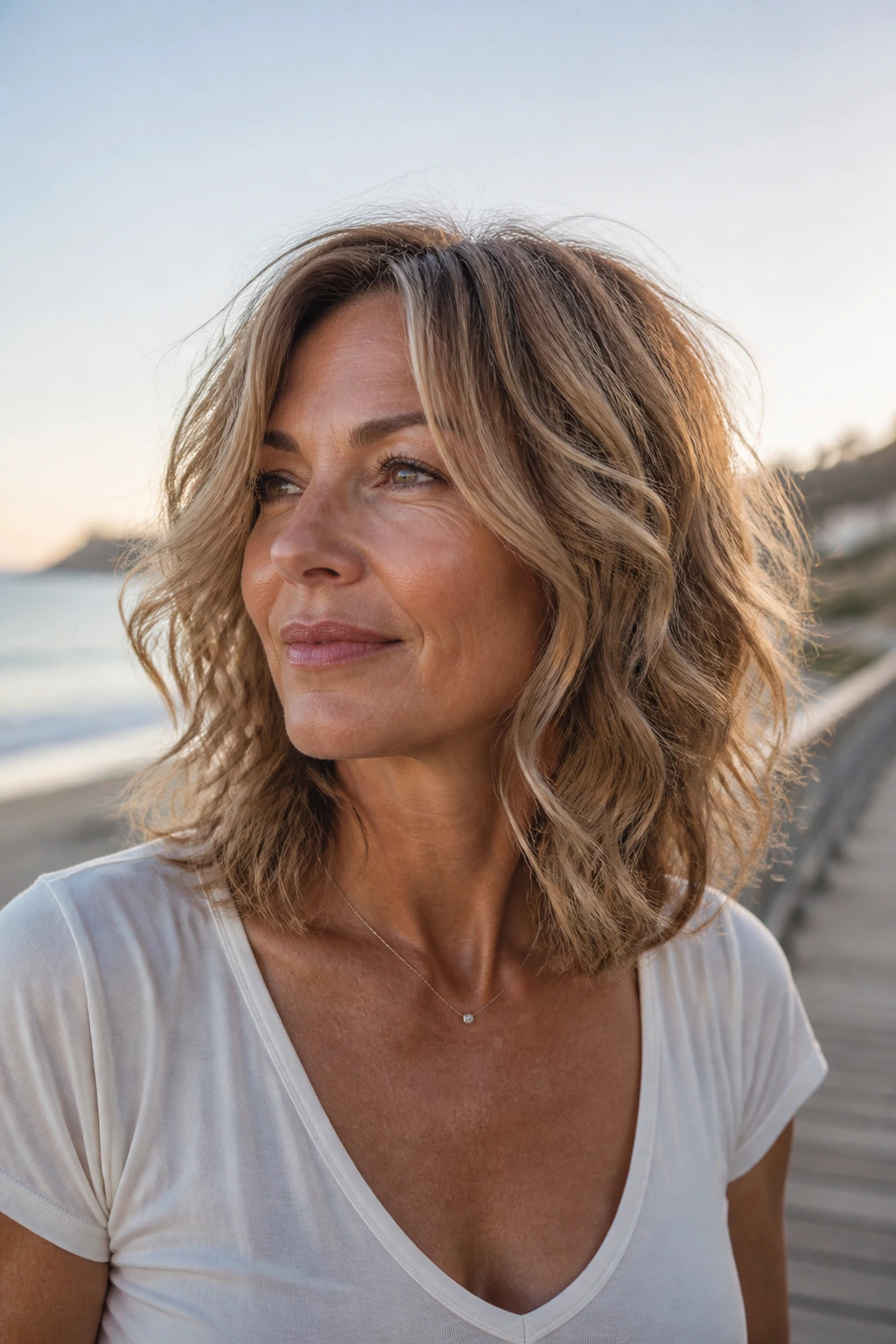 Real woman with beachy collarbone-length shag and loose waves.