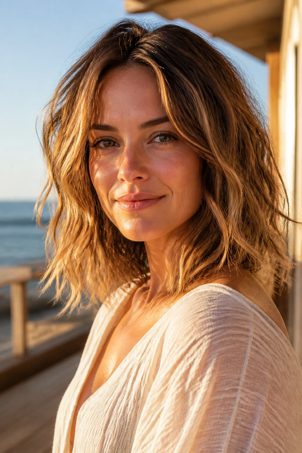Portrait of a real person with beachy waves and piecey ends on a sunny outdoor deck
