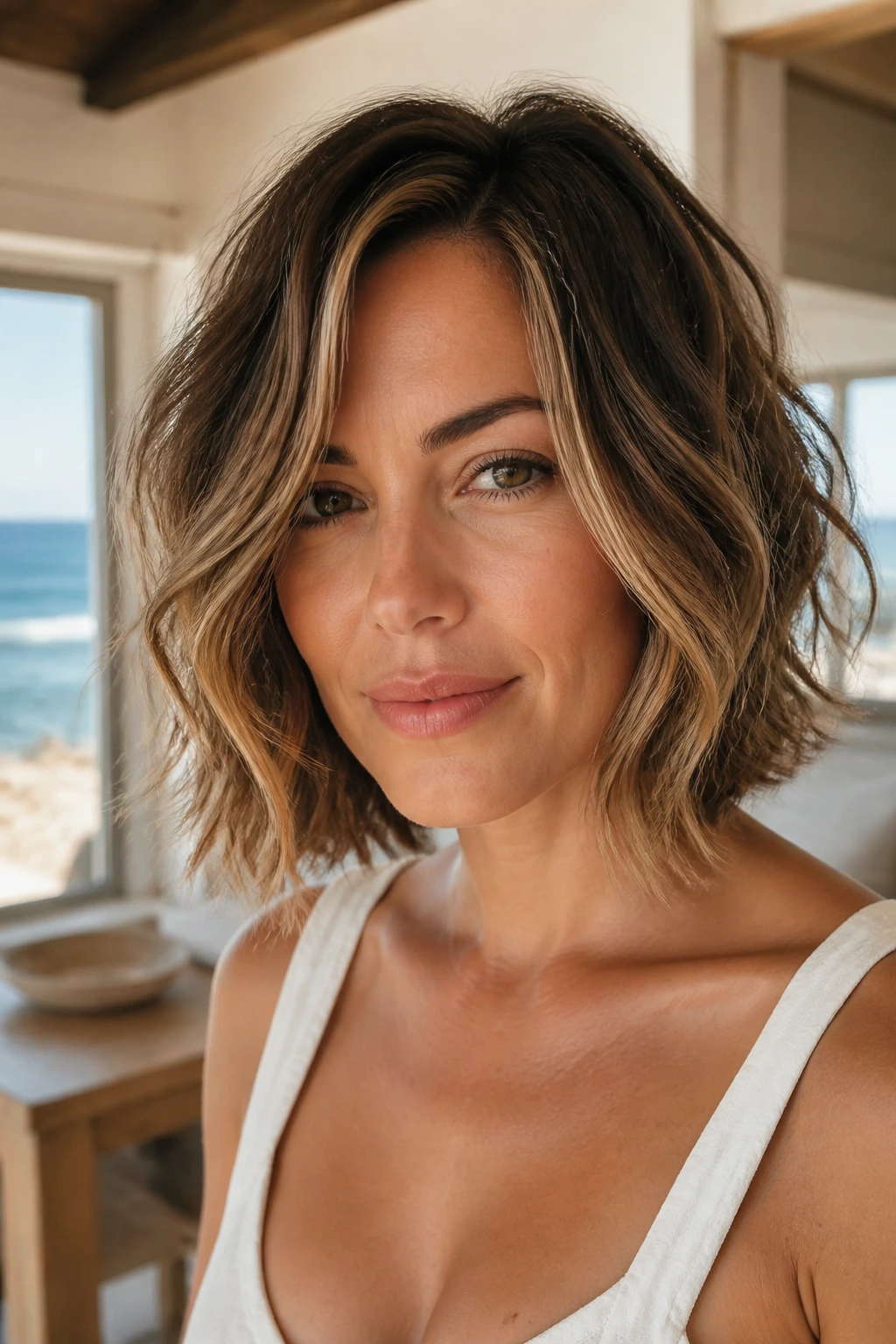 Portrait of a real woman with a beachy layered bob and natural waves