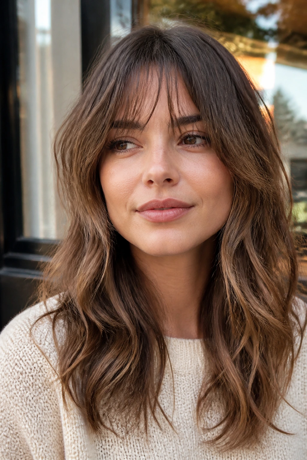 Close-up portrait of a real person with beachy mid-bend layers and barely-there bangs