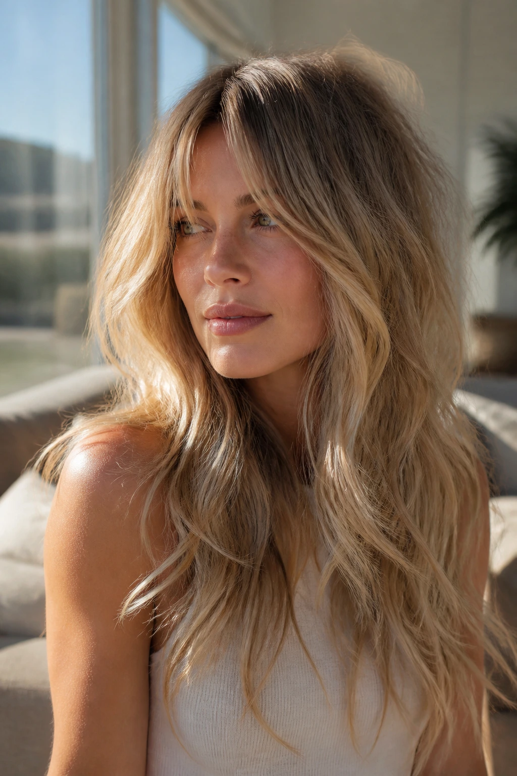 Close-up of a real woman with beachy layers and face-framing bangs