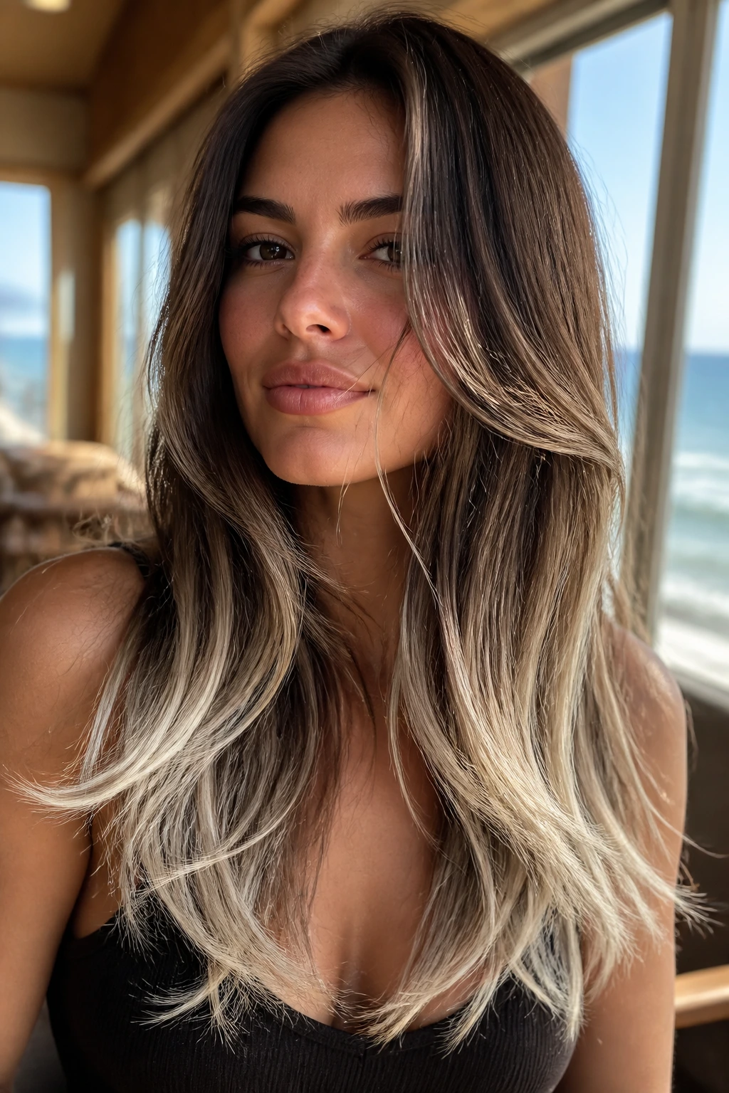 Close-up of brunette hair with beachy layers and ice-tipped ends