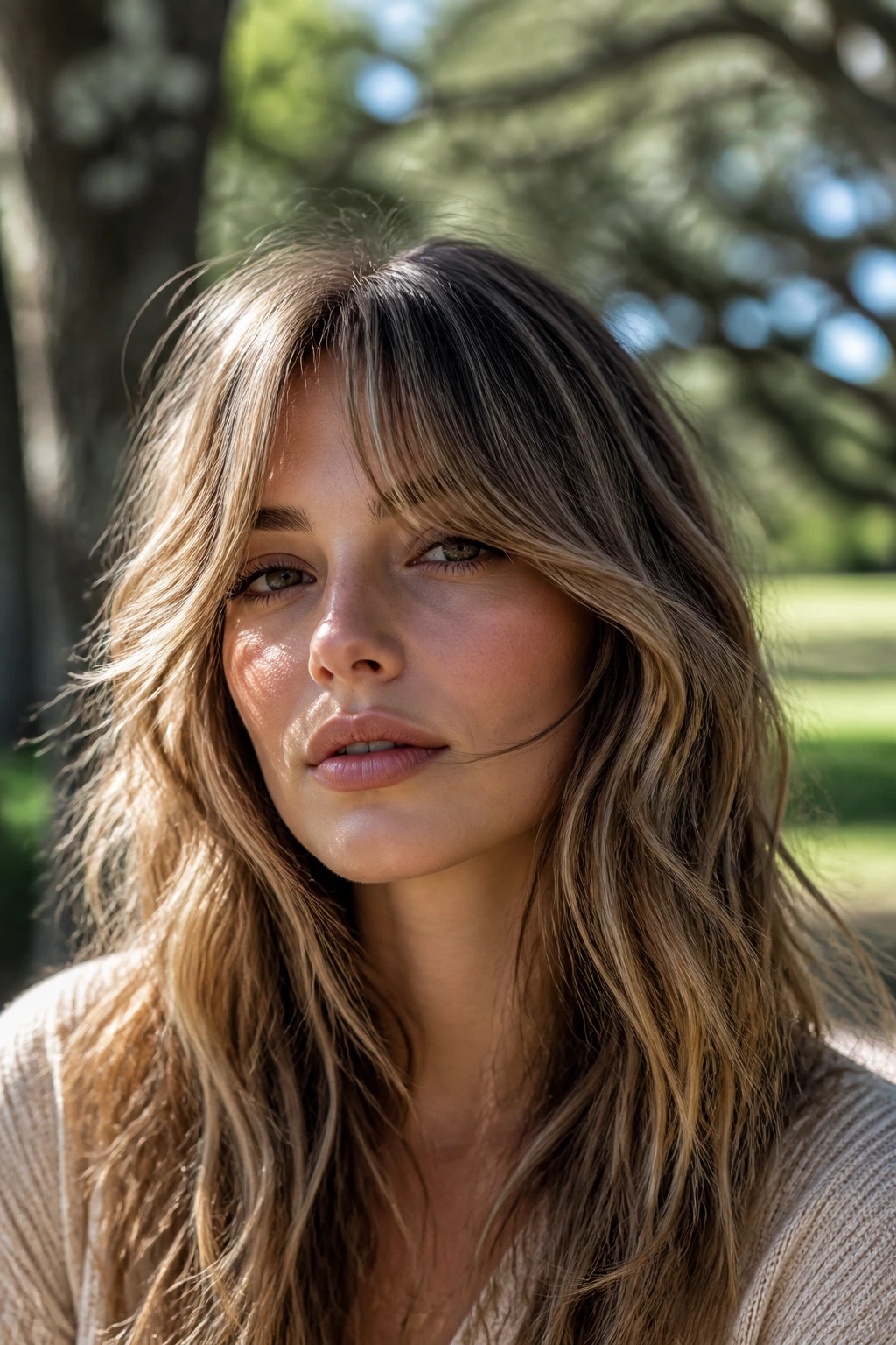 Close-up portrait of a real woman with beachy layers and long bangs