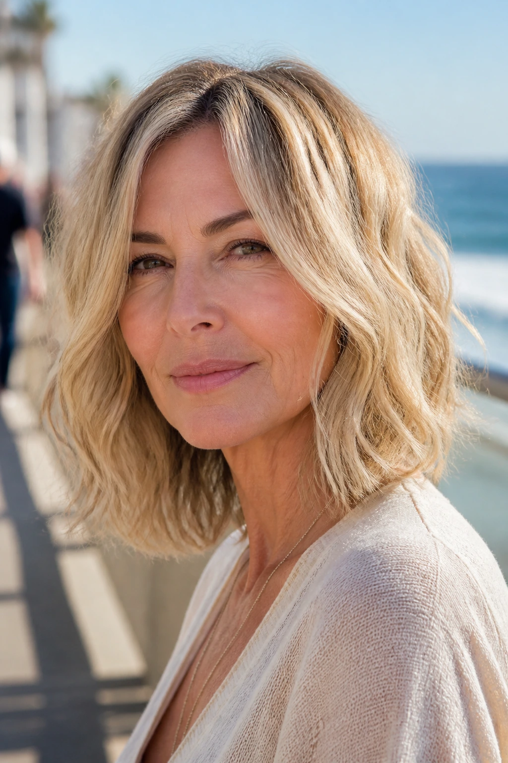 Close-up of a woman with a beachy lob and soft bends by the seaside.