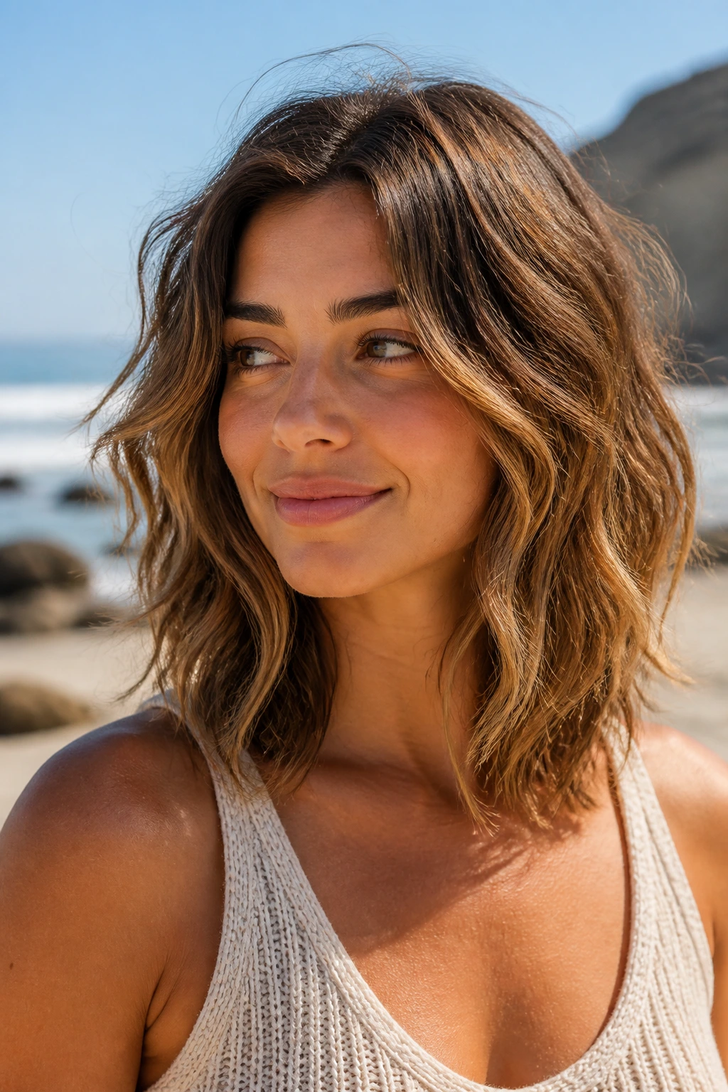 Close-up of real woman with beachy lob and long layers.
