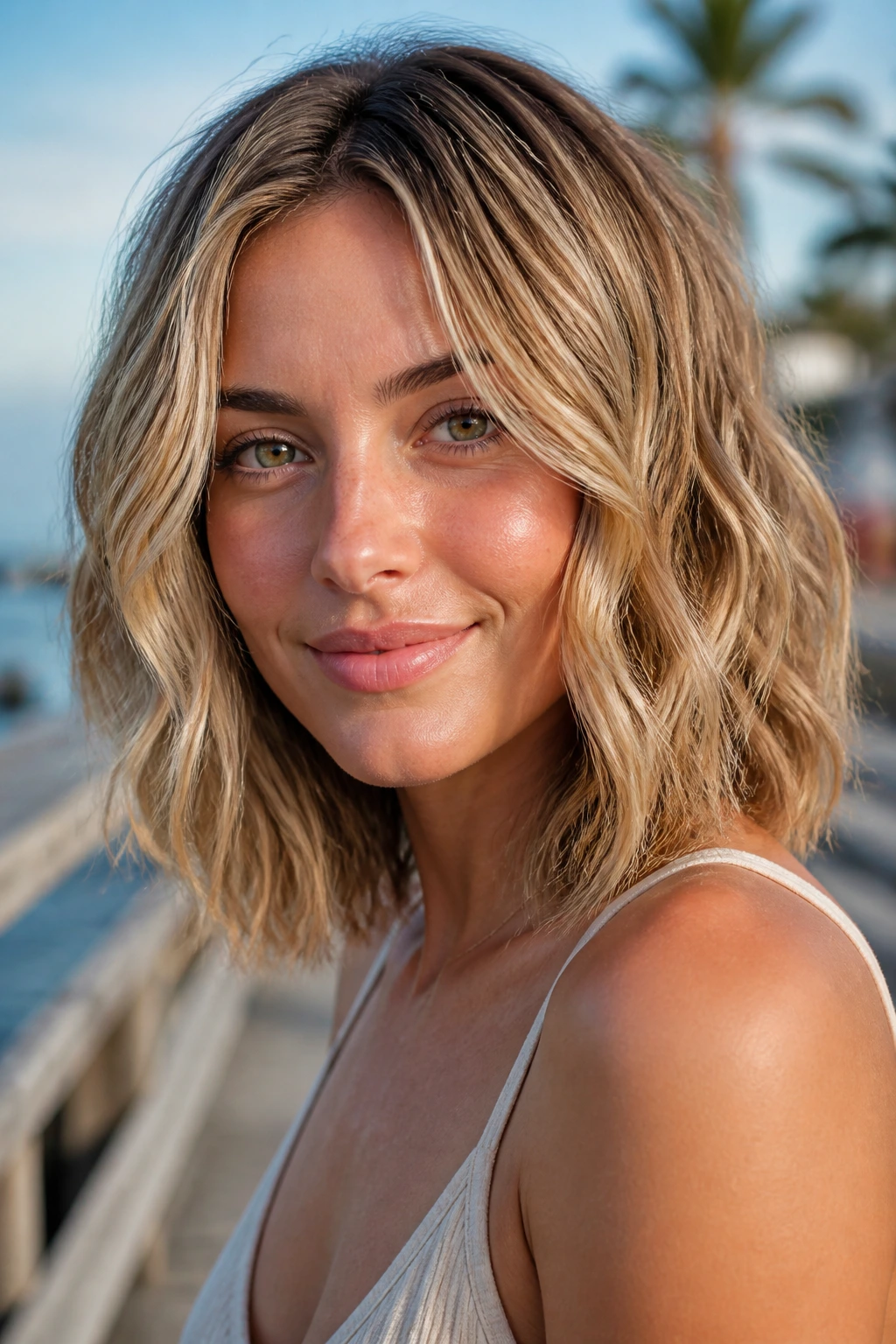 Close-up of a real woman with beachy lob and micro-babylights by the sea.