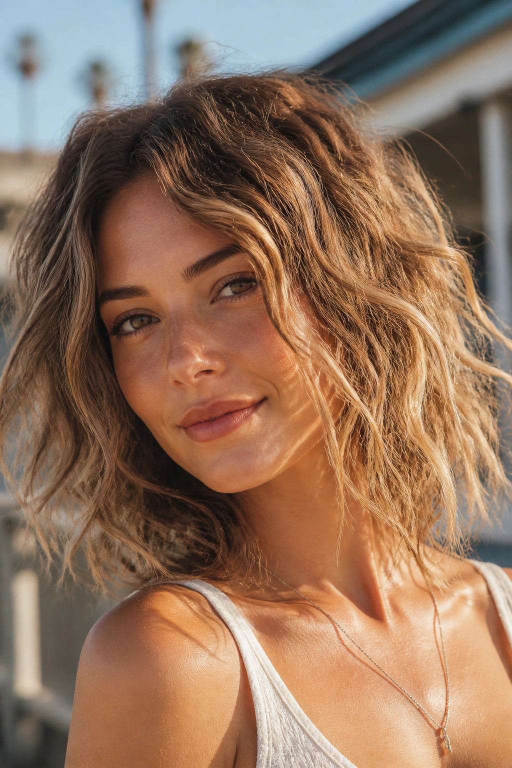 Close-up of a person with a beachy lob open texture in natural sunlight