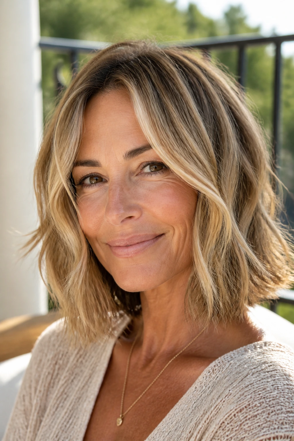 Close-up of a real woman with beachy lob and piecey ends in sunlit outdoors
