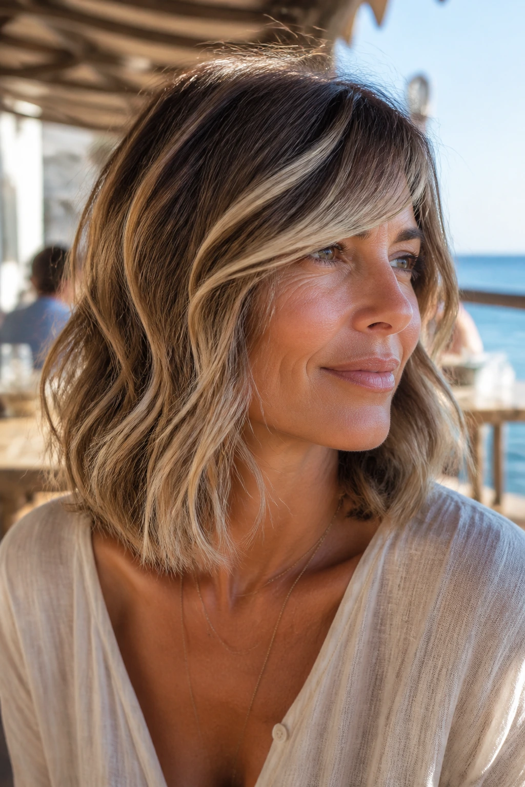 Close-up portrait of a real woman with ribbon-highlighted beachy lob.