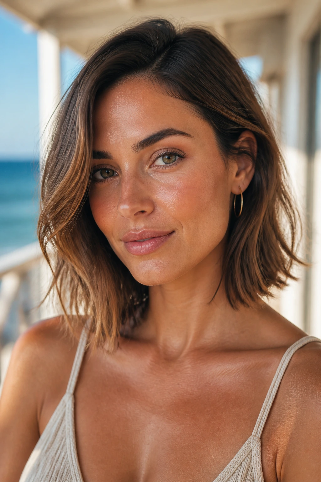 Close-up of a real woman with a beachy lob and tucked ends in warm sunlight