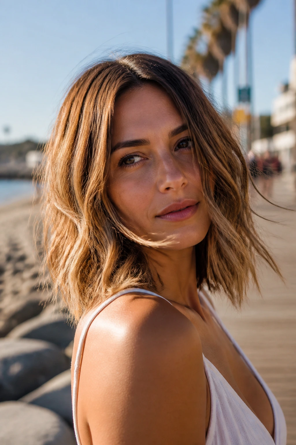 Outdoor portrait of a real woman with a beachy long bob and minimal layers by the sea