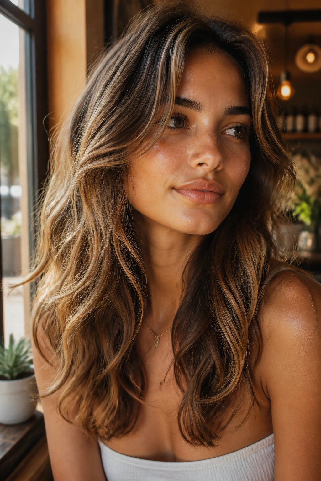 Close-up of a real woman with soft beachy waves and mid-length layers