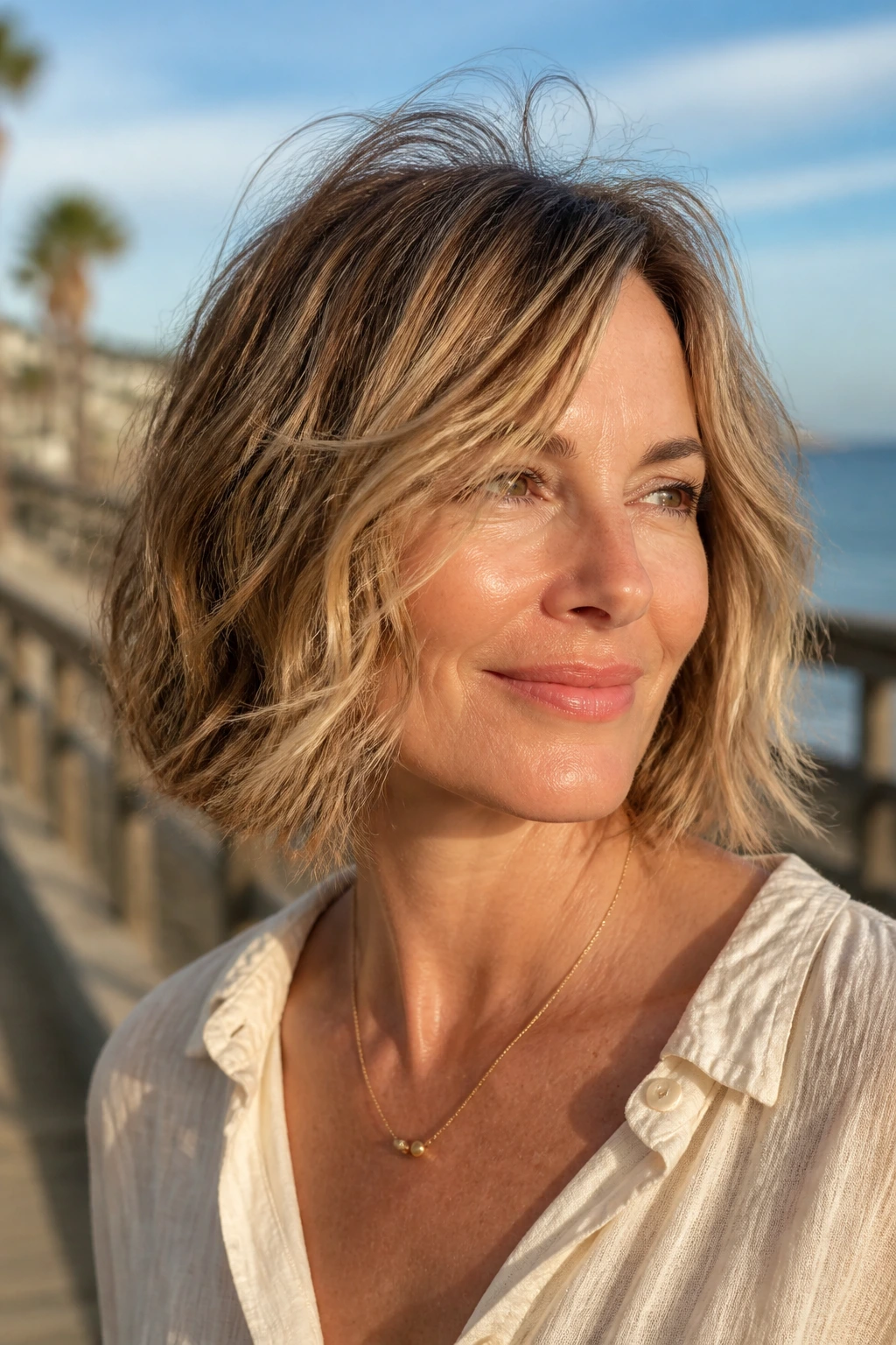 Close-up portrait of a real woman with a beachy mid-neck bob on a seaside boardwalk