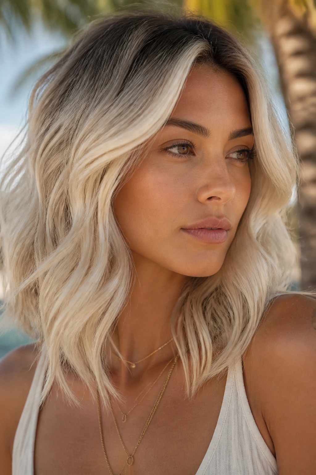 Close-up portrait of a real woman with platinum beachy S-bends and soft shadow root
