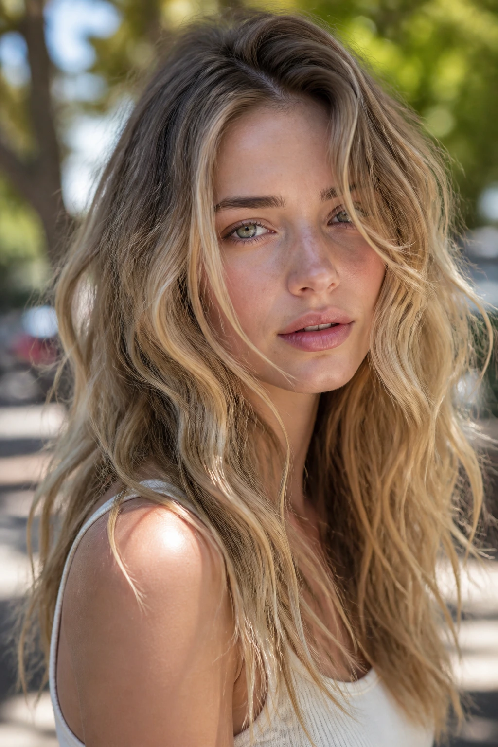Close-up of a woman with beachy sandy waves and pale skin in outdoor sunlight