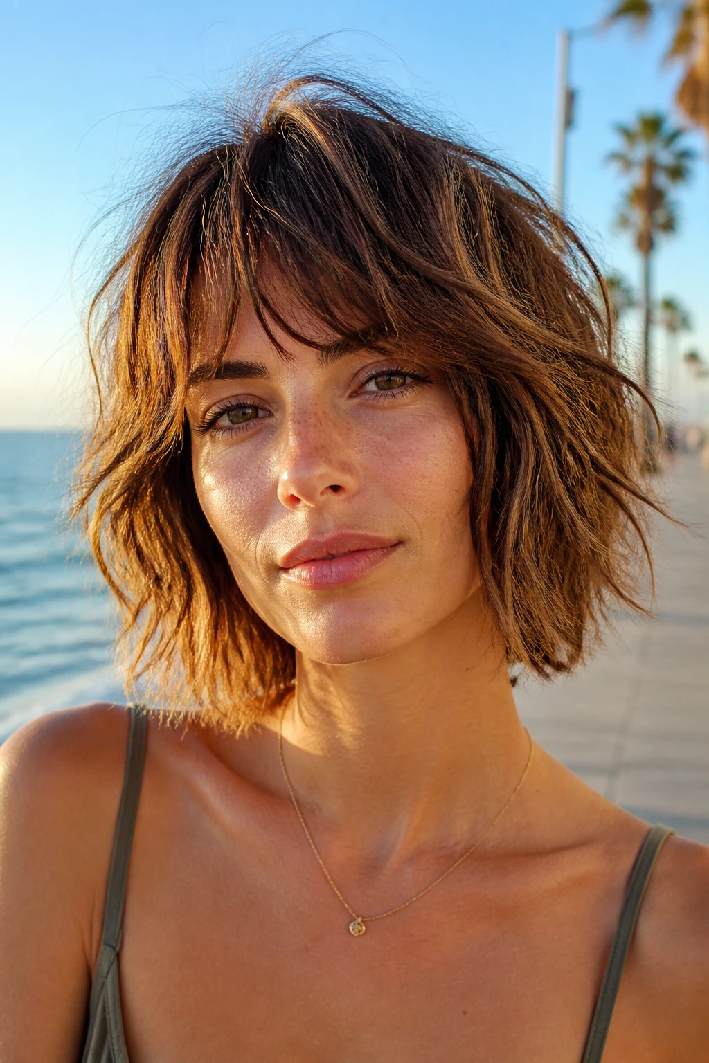 Portrait of a woman with Beachy Shag-Bob with Piecey Layers showing cheekbone-length layers.