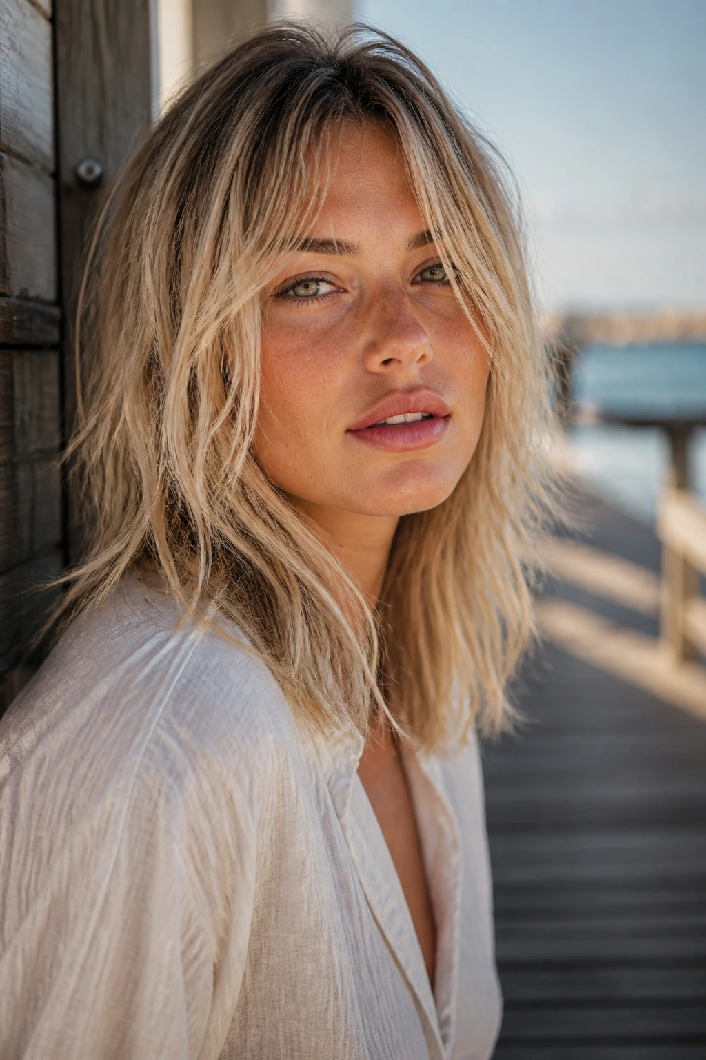Close-up portrait of a real woman with beachy surf shag and mid-length pieces on a sunny boardwalk.
